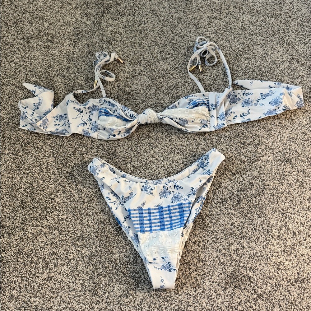 Blue and White Tie-Front Bikini Set